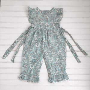 SERENDIPITY VGUC Soft Seafoam Green Damask Print Sleeveless Ruffle Jumpsuit